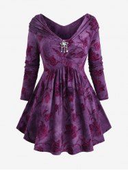 Plus Size Ruched Off The Shoulder Tulip Flower Flocking Glitter Sparkling Star Buckle Velvet Top -  