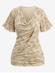 Plus Size Mathematical Formula Print Ruffles Ruched Asymmetrical Cowl Neck T-shirt -  