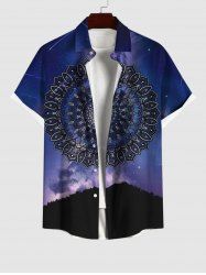 Plus Size Galaxy Ethnic Floral Print Buttons Pocket Shirt For Men -  