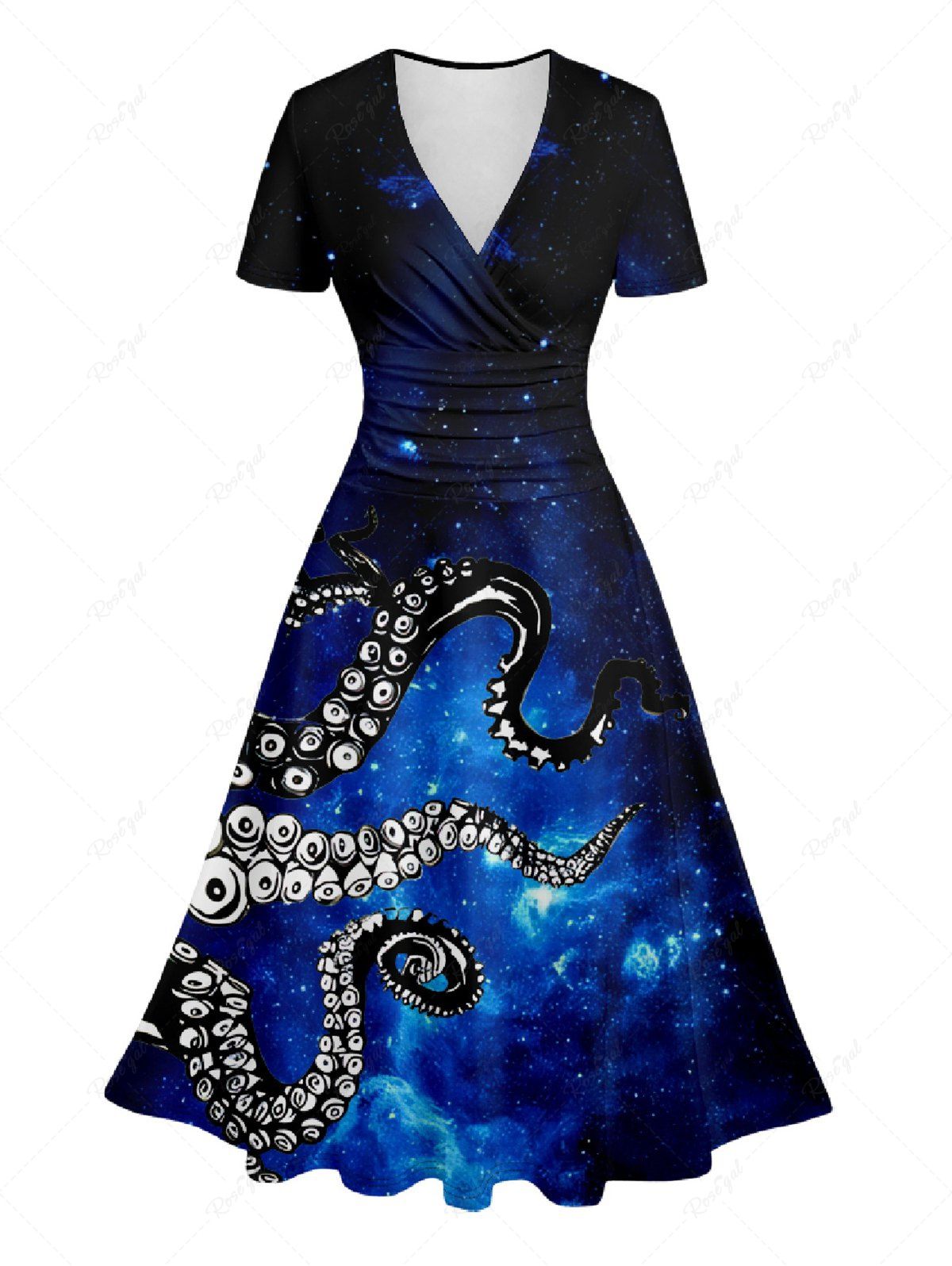 Robe Superposée Pieuvre et Galaxie Imprimés à Col V Noir XXL | NOUS 14