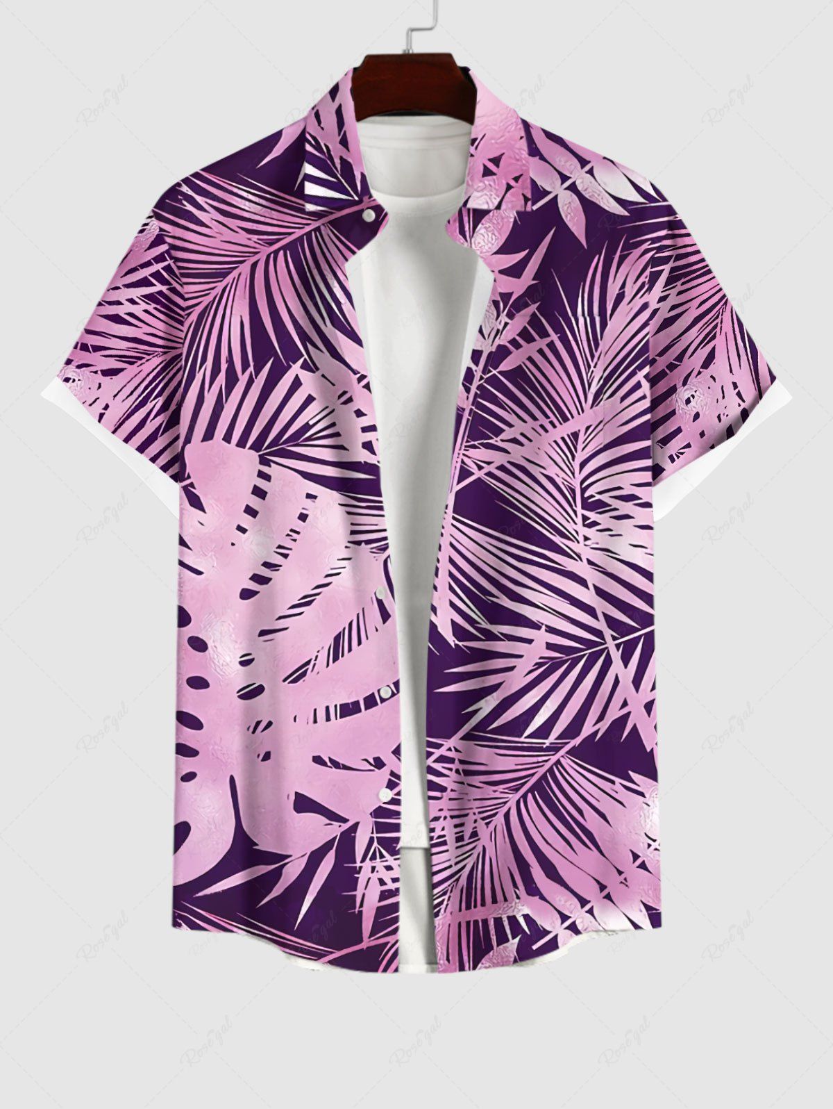 Latest Plus Size Tropical Leaf Ombre Print Buttons Pocket Hawaii Shirt For Men  