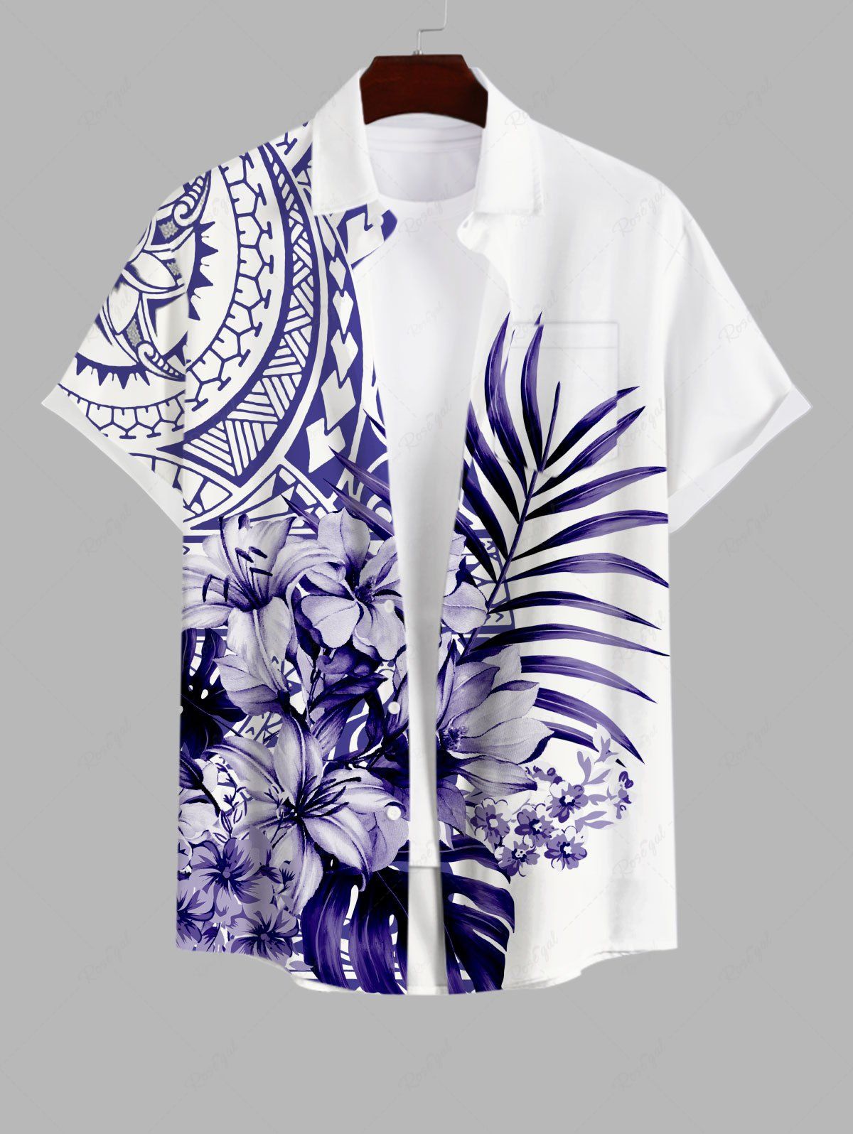 Affordable Plus Size Tropical Leaf Flowers Print Hawaii Shirt For Men  