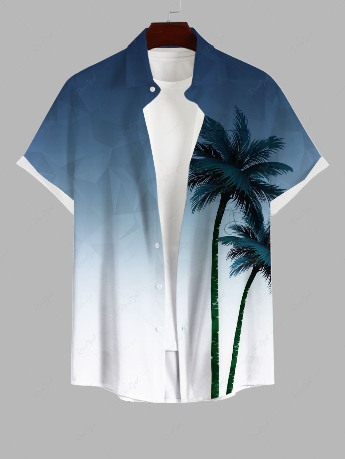 Affordable Plus Size Ombre Coconut Tree Tropical Print Buttons Pocket Hawaii Shirt For Men  