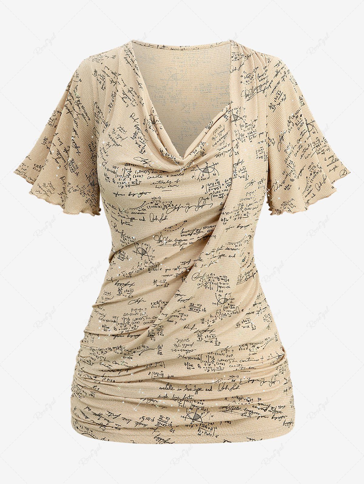 Fancy Plus Size Mathematical Formula Print Ruffles Ruched Asymmetrical Cowl Neck T-shirt  