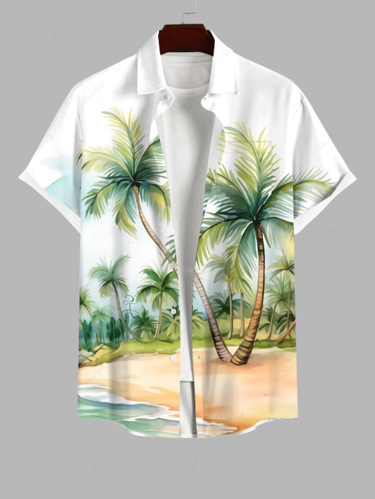 Best Plus Size Coconut Tree Beach Print Hawaii Button Pocket Shirt For Men  