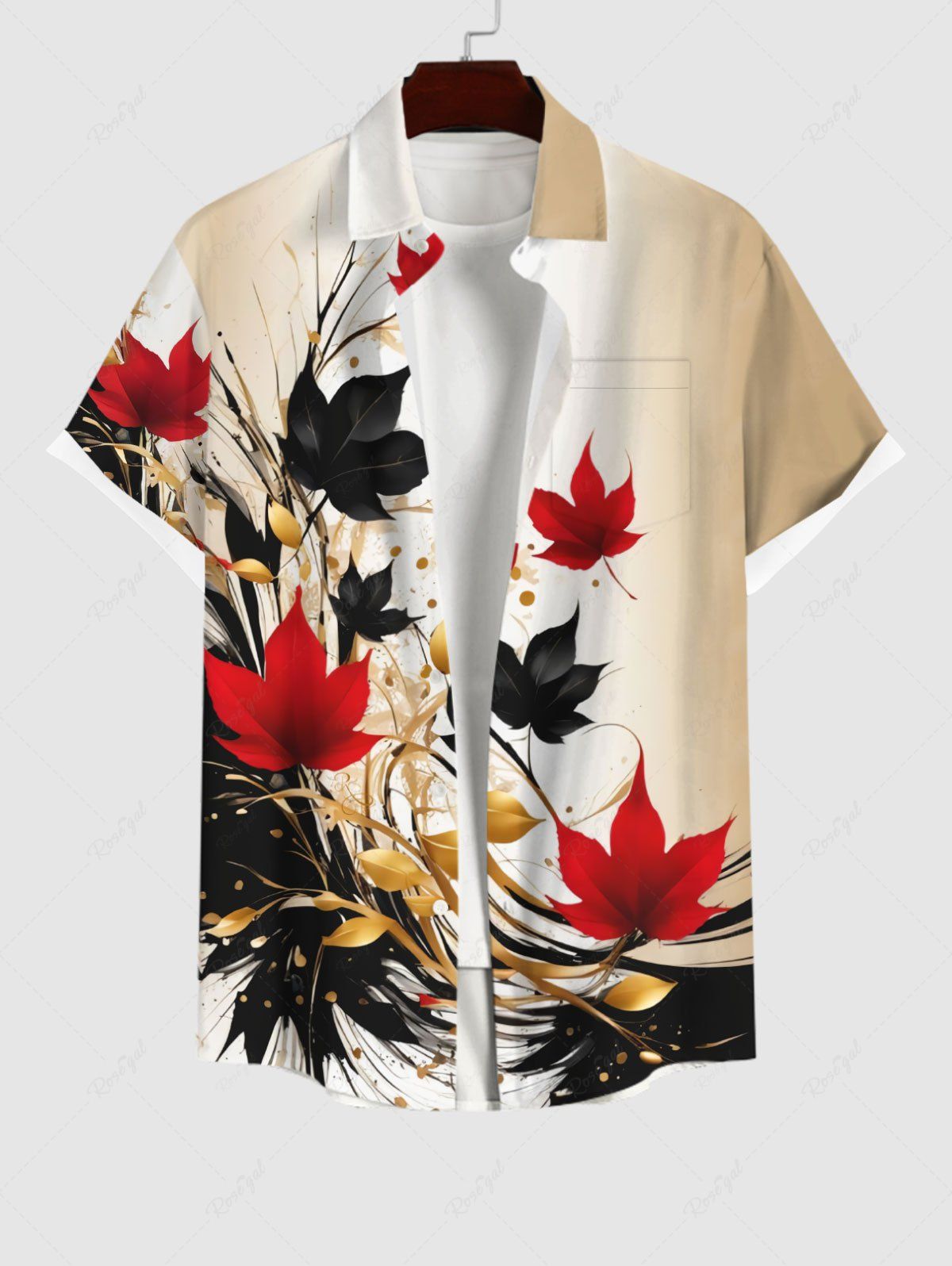 Chemise Boutonnée Feuille D'Encre Eclaboussée Imprimée de Grande Taille avec Poche Multi-A M