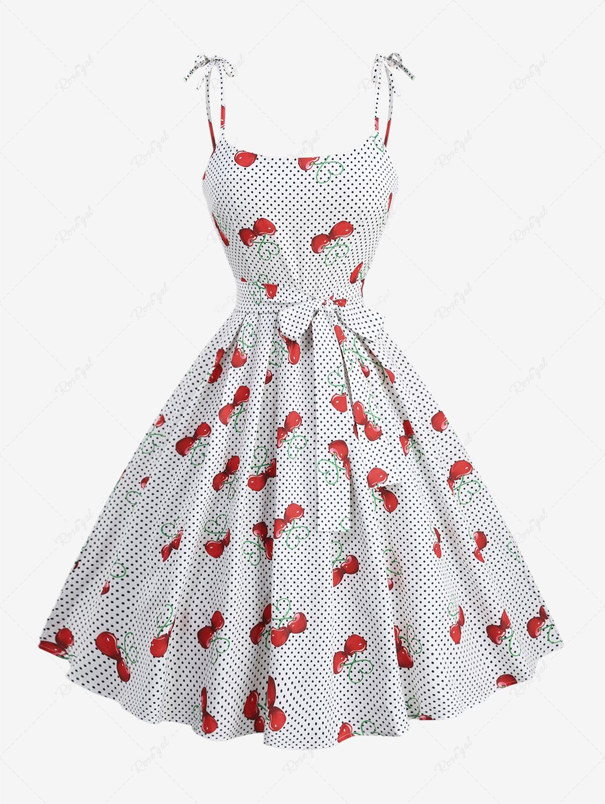 Outfits Plus Size Cherry Dots Heart Print Pleated Tie Bowknot Vintage Dress With Belt  