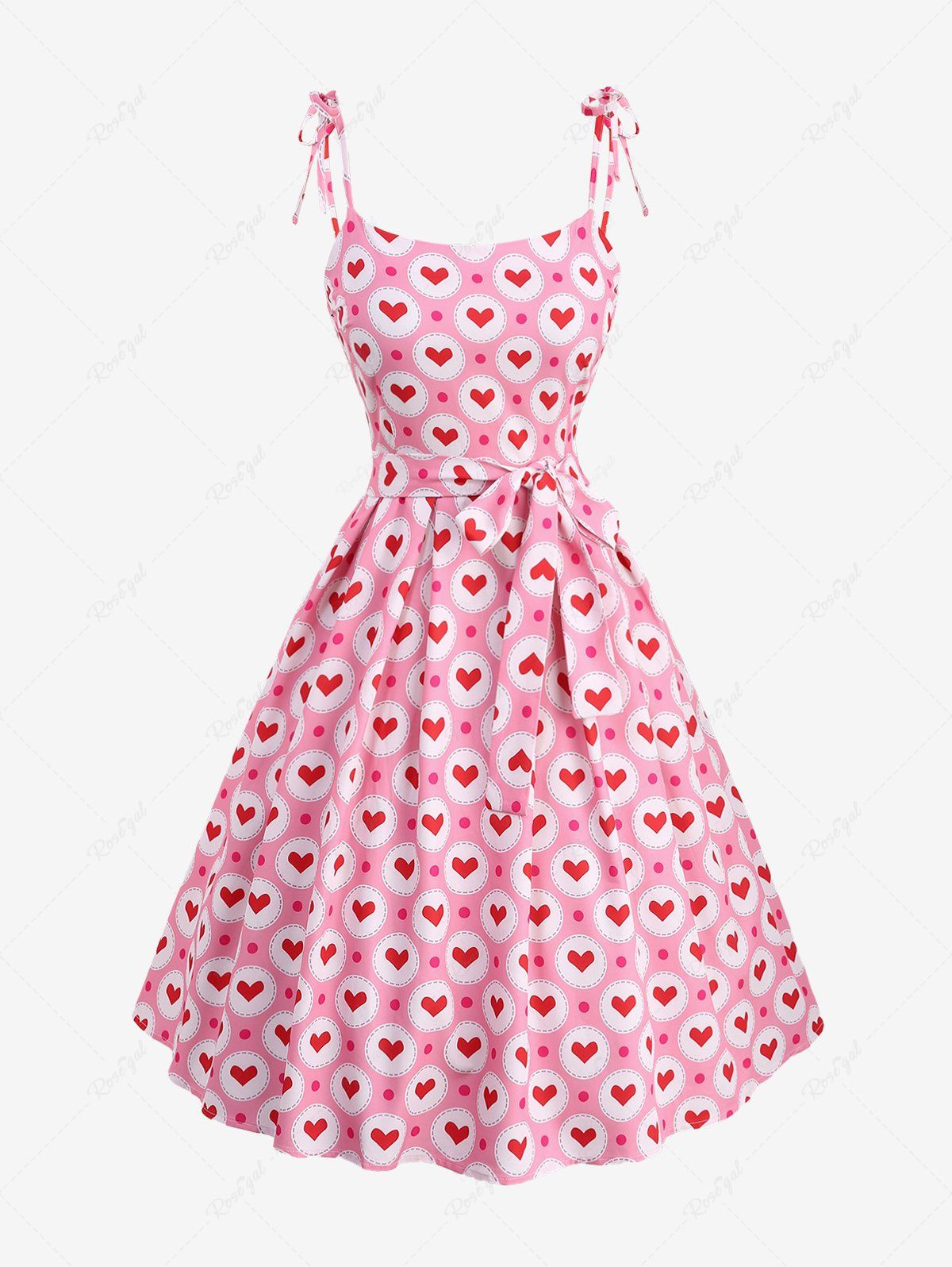Outfits Plus Size Polka Dot Heart Circle Print Tie Shoulder Bowknot Cami Vintage Dress With Belt  