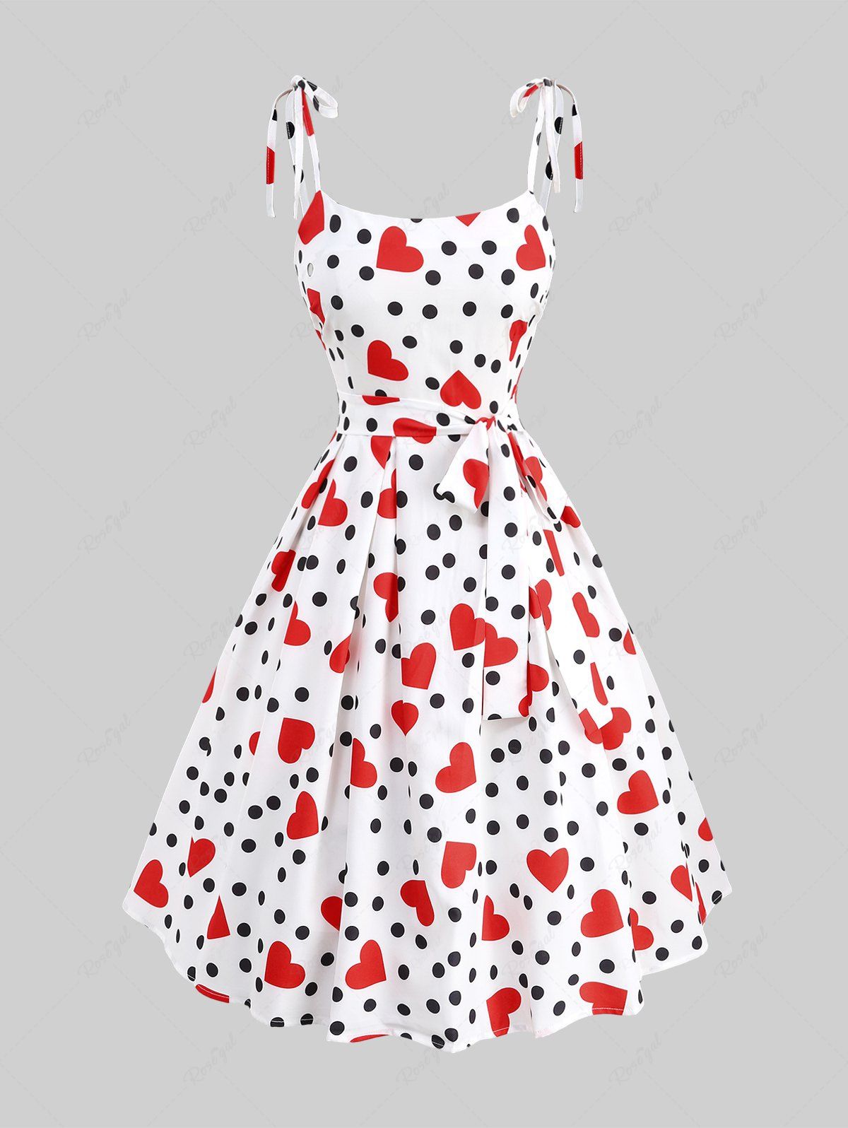 Shops Plus Size Polka Dot Heart Print Tie Shoulder Bowknot Cami Vintage Dress With Belt  