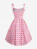 Plus Size Polka Dot Heart Circle Print Tie Shoulder Bowknot Cami Vintage Dress With Belt -  