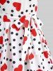 Plus Size Polka Dots Heart Print Pleated Tie Bowknot Vintage Dress With Belt -  