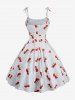 Plus Size Cherry Dots Heart Print Pleated Tie Bowknot Vintage Dress With Belt -  
