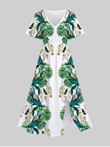 Plus Size Tropical Coconut Leaves Floral Print Hawaii Split Pocket A Line Midi Dress - GREEN - 1X