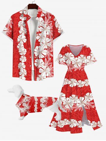 Tropical Flowers Wreath Print Hawaii Dog and Owner Matching Outfits - RED