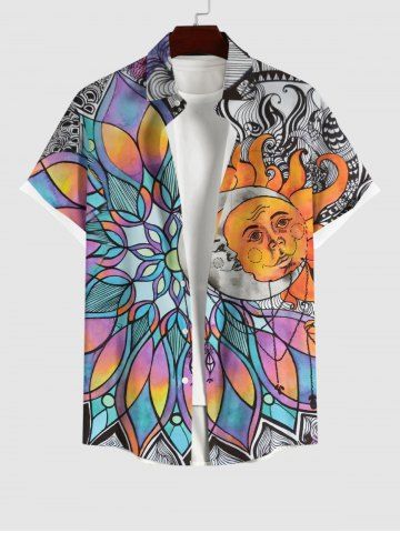 Plus Size Colorful Ombre Vintage Floral Moon Sun Print Button Pocket Shirt For Men - MULTI-A - M