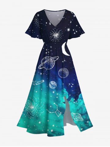 Plus Size Planet Moon Ombre Galaxy Print Hawaii Split Pocket A Line Midi Dress - MULTI-A - 6X