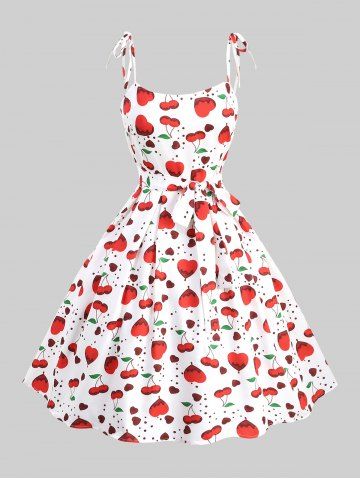 Plus Size Polka Dot Heart Print Tie Shoulder Bowknot Cami Vintage Dress With Belt - MULTI-A - 1XL