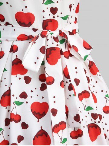 Plus Size Polka Dot Heart Print Tie Shoulder Bowknot Cami Vintage Dress With Belt