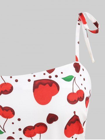 Plus Size Polka Dot Heart Print Tie Shoulder Bowknot Cami Vintage Dress With Belt