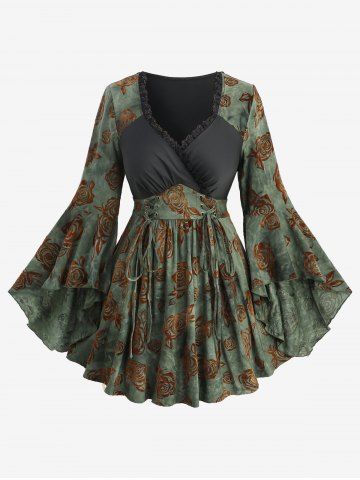 Plus Size Flare Sleeve Rose Flower Flocking Lace Up Surplice Lace-trim Top - DEEP GREEN - M | US 10