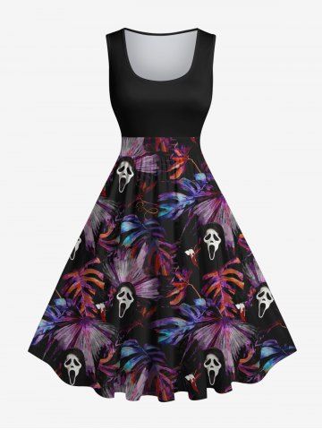 Plus Size Tropical Leaf Ghost Print Hawaii 1950s Vintage Dress - BLACK - S