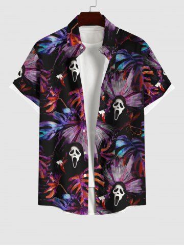 Plus Size Tropical Leaf Ghost Print Buttons Pocket Hawaii Shirt For Men