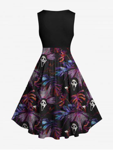 Plus Size Tropical Leaf Ghost Print Hawaii 1950s Vintage Dress