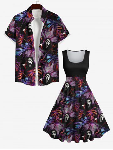 Plus Size Tropical Leaf Ghost Print Hawaii 1950s Vintage Dress