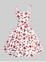 Plus Size Polka Dot Heart Print Tie Shoulder Bowknot Cami Vintage Dress With Belt -  