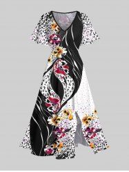 Plus Size Flowers Leaf Colorblock Leopard Print Hawaii Split Midi Dress -  