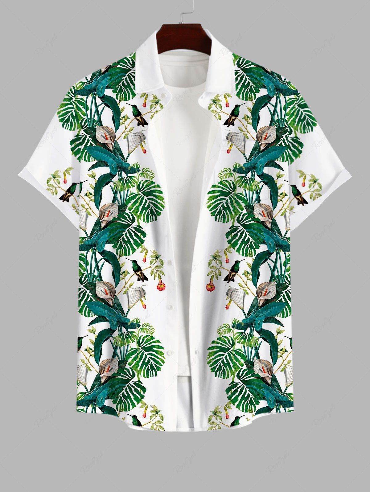 Discount Plus Size Tropical Coconut Leaves Floral Print Hawaii Button Pocket Shirt For Men  