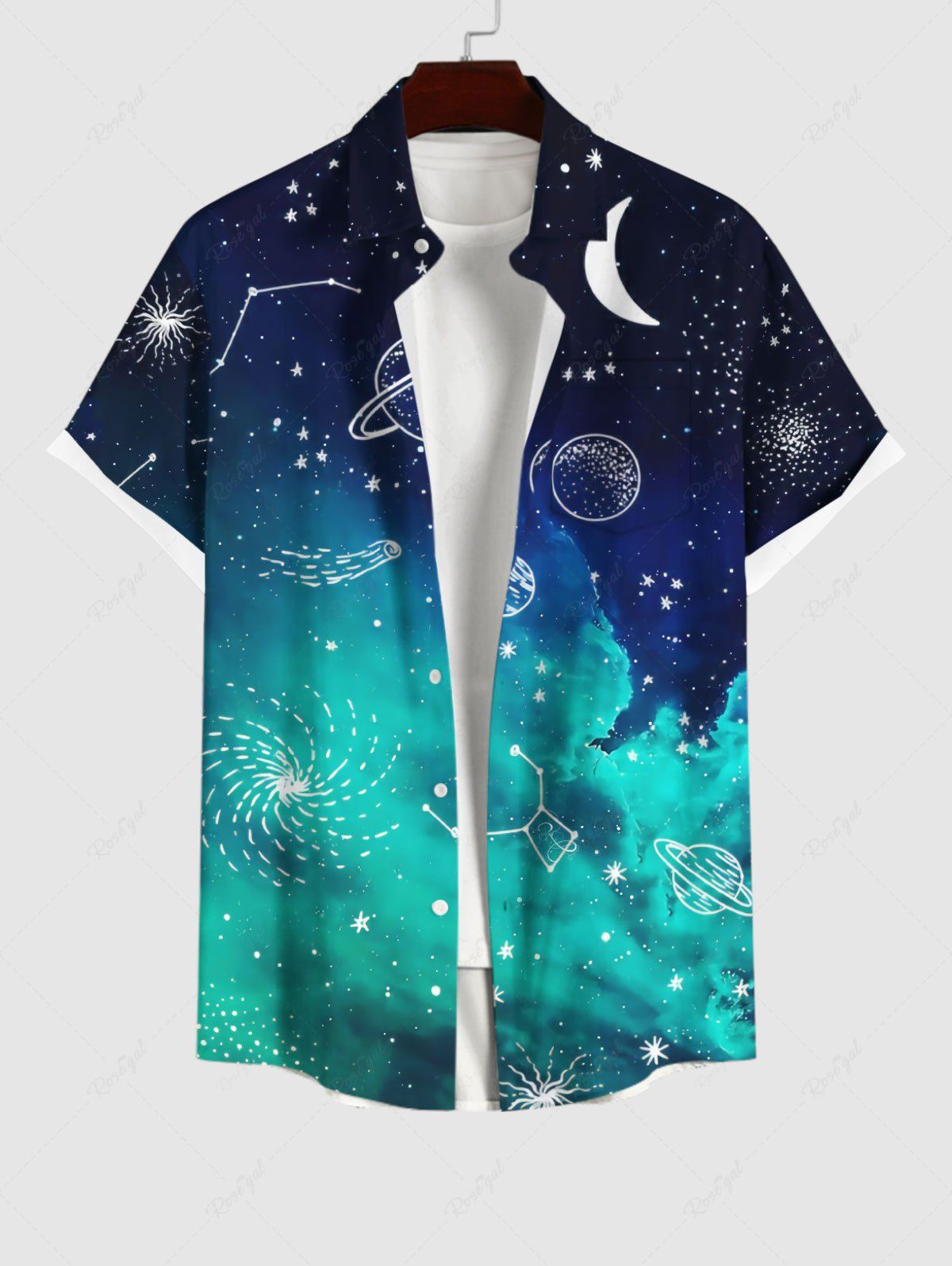 Store Plus Size Planet Moon Ombre Galaxy Print Hawaii Button Pocket Shirt For Men  
