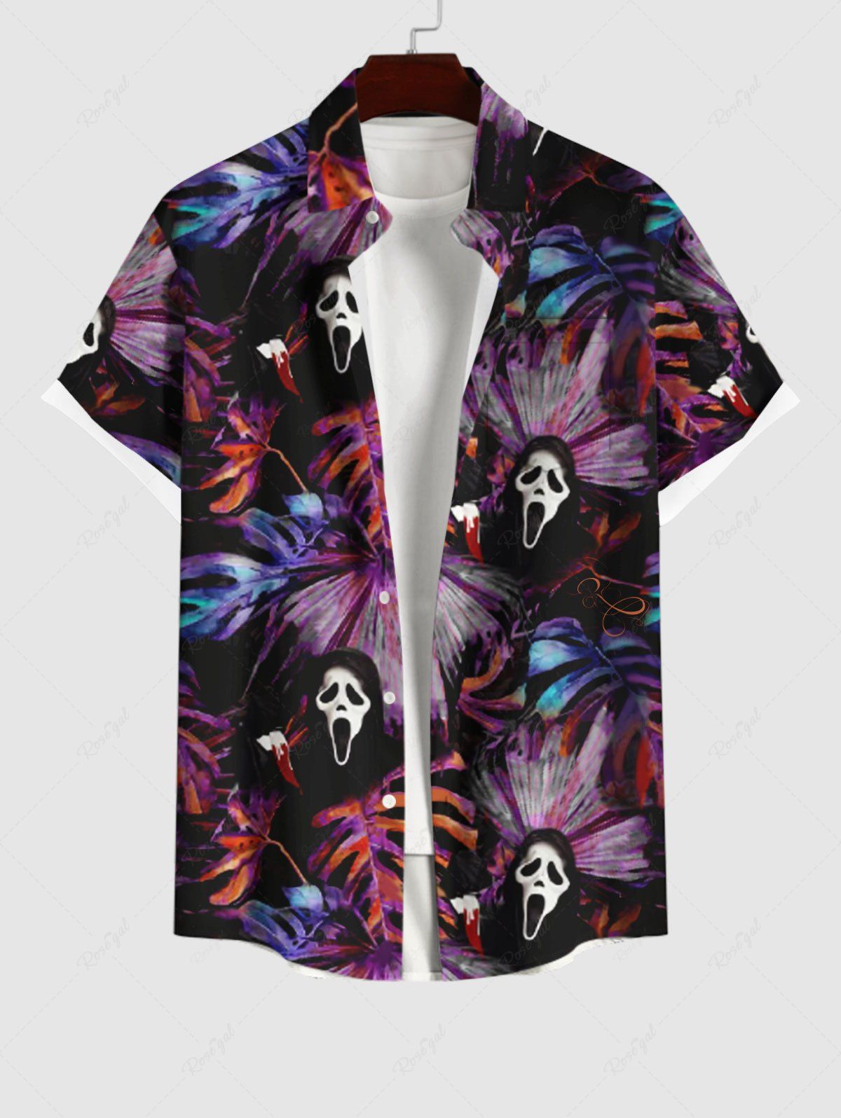 Store Plus Size Tropical Leaf Ghost Print Buttons Pocket Hawaii Shirt For Men  