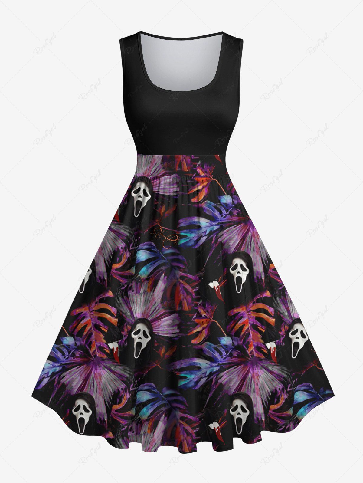 Discount Plus Size Tropical Leaf Ghost Print Hawaii 1950s Vintage Dress  