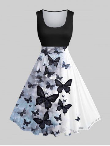 Plus Size Round Neck Sleeveless Ink Painting Butterfly Print 1950s Vintage Dress - BLACK - 1X