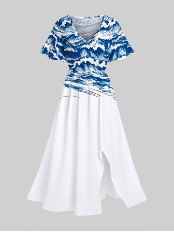 Plus Size Sea Waves Print Hawaii Split Pocket A Line Midi Dress - WHITE - 3X