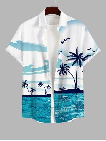 Plus Size Seascape Coconut Tree Seagull Cloud Print Buttons Pocket Hawaii Shirt For Men