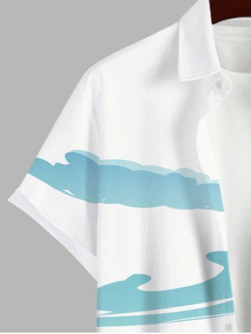 Plus Size Seascape Coconut Tree Seagull Cloud Print Buttons Pocket Hawaii Shirt For Men
