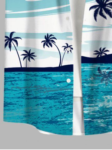 Plus Size Seascape Coconut Tree Seagull Cloud Print Buttons Pocket Hawaii Shirt For Men