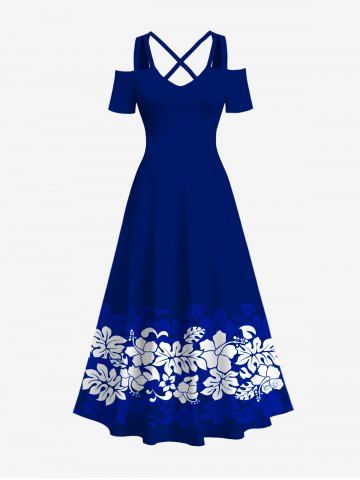 Plus Size Tropical Leaf Hibiscus Flowers Print Crisscross Cold Shoulder Hawaii Maxi Dress - DEEP BLUE - 1X