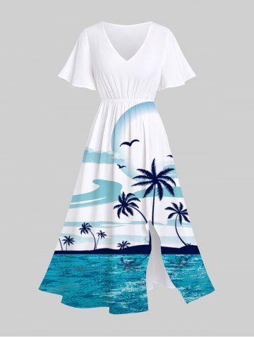 Plus Size Seascape Coconut Tree Seagull Cloud Tropical Print Hawaii Split Midi Dress - WHITE - M