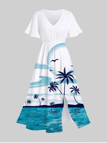 Plus Size Seascape Coconut Tree Seagull Cloud Tropical Print Hawaii Split Midi Dress - WHITE - 5X