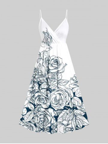 Plus Size Rose Flowers Leaf Colorblock Print Surplice Split Cami Dress(Adjustable Shoulder Strap) - MULTI-A - S