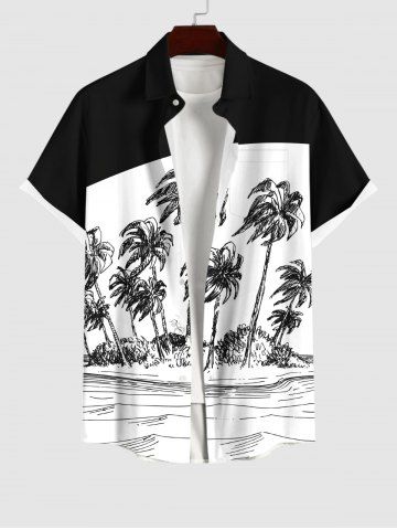 Plus Size Coconut Tree Sea Wind Colorblock Print Buttons Pocket Hawaii Shirt For Men - BLACK - 4XL