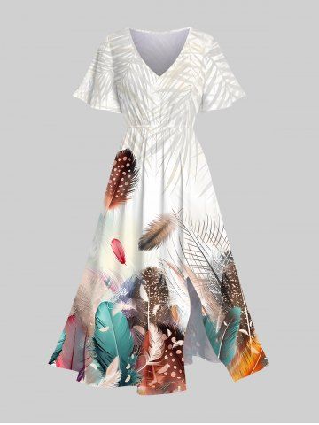 Plus Size Colorful Feather Ombre Tropical Leaves Print Hawaii Split Pocket A Line Midi Dress - MULTI-A - 1X