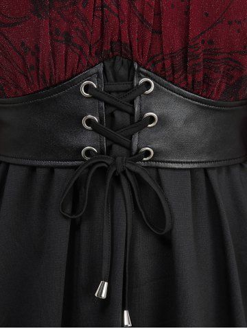 Plus Size Flare Sleeves Glitter Rose Flower Print Ruched Lace Up PU Belted Peplum Hem Top