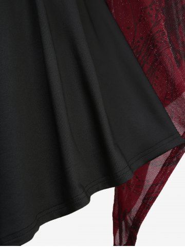 Plus Size Flare Sleeves Glitter Rose Flower Print Ruched Lace Up PU Belted Peplum Hem Top