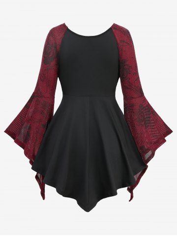 Plus Size Flare Sleeves Glitter Rose Flower Print Ruched Lace Up PU Belted Peplum Hem Top