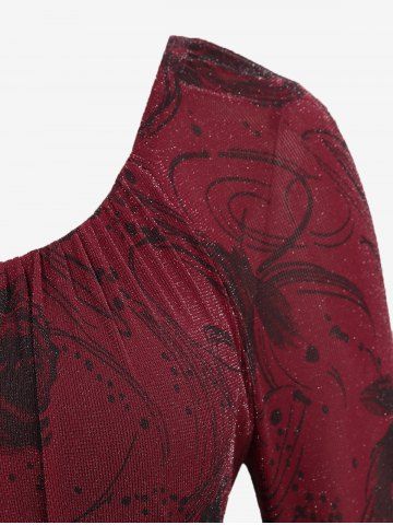 Plus Size Flare Sleeves Glitter Rose Flower Print Ruched Lace Up PU Belted Peplum Hem Top