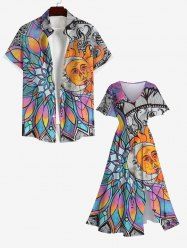 Colorful Ombre Vintage Floral Moon Sun Print Plus Size Matching Set For Couples -  